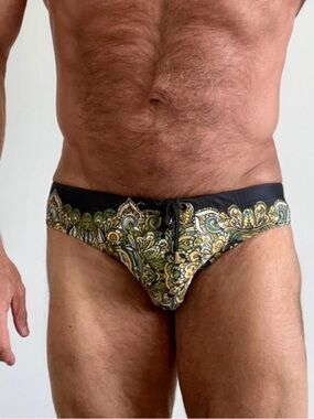 Men's Baroque Swim Briefs in Black and Green, slim fit medium